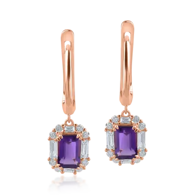 Cercei din aur roz cu ametiste de 1.09ct si diamante baguette si rotunde de 0.38ct