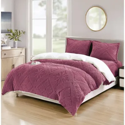 Lenjerie de Pat Dublu, CoCoLiNo Ultra Pufoasa, cu Blanita Sherpa Alba, 4 piese, Cearsaf cu ELASTIC, Model Traditional 3D, Roz inchis