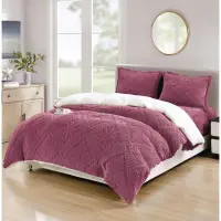 Lenjerie de Pat Dublu, CoCoLiNo Ultra Pufoasa, cu Blanita Sherpa Alba, 4 piese, Cearsaf cu ELASTIC, Model Traditional 3D, Roz inchis