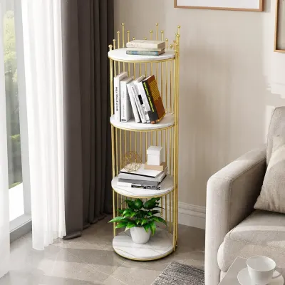 Etajera decorativa rotunda cu 4 niveluri, cadru auriu si polite albe, 32 x 32 x 95 cm