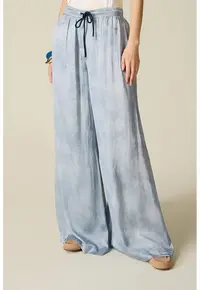 Blugi cu croiala ampla - model tie-dye si snur - Bleumarin