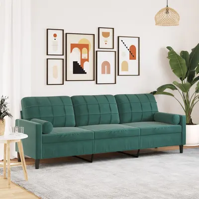 Gossi canapea cu 3 locuri cu pernute, verde inchis, 210 cm, catifea