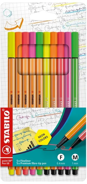 linere Stabilo Point 88 - 5 culori + 5 neoane Pen 68