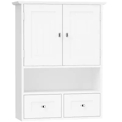 Kleankin Dulap de Perete pentru Baie cu 2 Uși, un Raft Deschis și 2 Sertare, Mobilier Multifuncțional, 50,8x17,8x66 cm, Alb | Aosom Romania