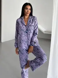 Set pijama dama din doua piese, cu nasturi – 2500282, Lila cu imprimeu abstract