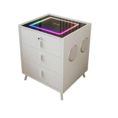 Noptiera inteligenta cu &icirc;ncărcare wireless și iluminare LED &ndash;culoare: alb, 3 Sertare de depozitare, difuzor Bluetooth