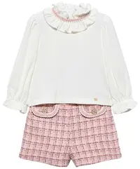 Set de 2 piese Abel & Lula - Bluza cu pantaloni scurți din țesătură tweed, roz pal, 18 luni