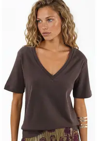 Tricou dama - tricou cu decolteu in V - maneca scurta - maro cafea - bumbac