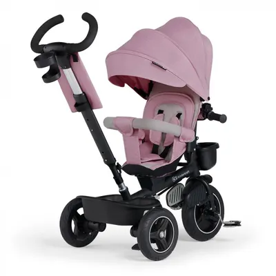 Tricicleta pentru copii Kinderkraft Spinstep Pink 5 in 1 cu scaun reversibil, maner cu control al directiei, copertina XXl cu filtru UV, roti rezistente PU, spatar inalt si confortabil cu husa moale, frana pe rotile din spate