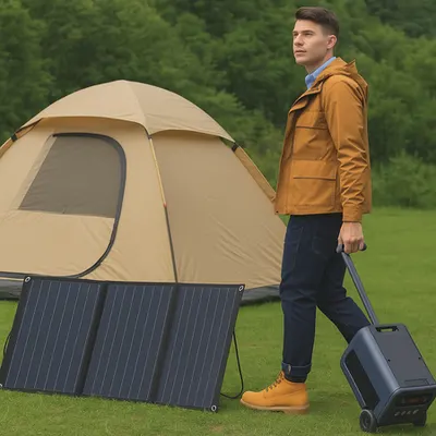 Baterie portabila 2400W cu invertor si panou fotovoltaic pliabil 100W – solutie completa pentru camping si corturi