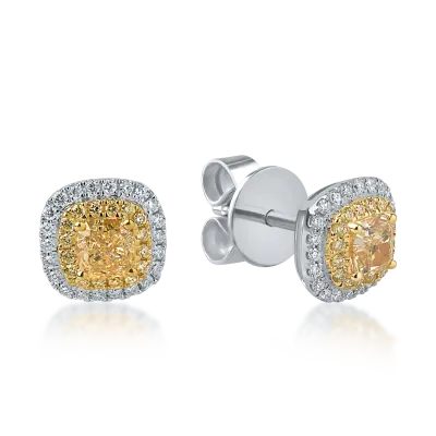 Cercei din aur alb-galben cu diamante galbene si incolore de 1.37ct taietura cushion si round
