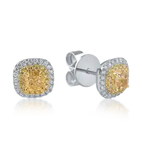 Cercei din aur alb-galben cu diamante galbene si incolore de 1.37ct taietura cushion si round