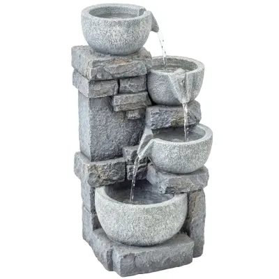 Outsunny Fântână de grădină Cascadă 4 niveluri Decorațiune efect piatră și cărămidă cu iluminare LED 28 x 25 x 54,5 cm Gri | Aosom Romania