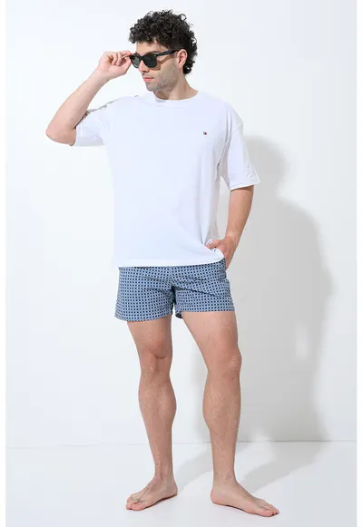 Pantaloni scurti de baie cu model si buzunare laterale - Albastru cobalt/Alb murdar