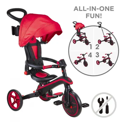 Tricicleta pentru copii Globber Explorer Rosu, 4 in 1 pliabila, maner pentru controlul directiei, scaun ajustabil pe inaltime, suport pentru picioare, roti din cauciuc Eva, sistem roata libera, de la 10 luni