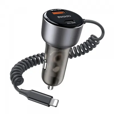 Incarcator Auto Cu Fir Lightning Yesido Y57, 50W, 3A, 1 x USB-A - 1 x USB-C, Negru
