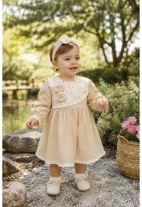 Rochie bebe fetita din muselina bej cu dantela si bentita pentru botez aniversare