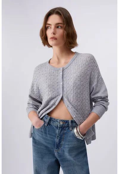 Cardigan din amestec de lana cu torsade - Gri melange
