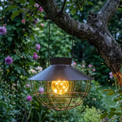 Lampă suspendată solară, cu led, metalică, culoare maro