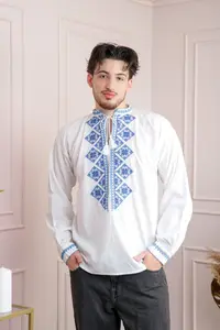 Camasa barbateasca traditionala alba cu motiv geometric albastru Emil 02