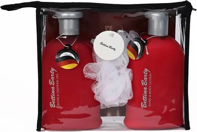 Bettina Barty Red Line Set - Loțiune și gel de duș, 2 х 500 ml + Trusă de toaletă și burete