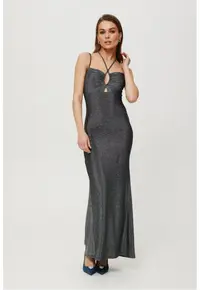 Rochie maxi metalica cu cravata la decolteu - - Argintiu