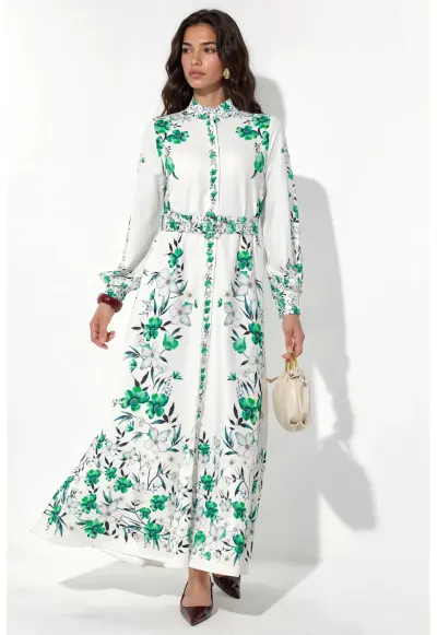 Rochie tip camasa - floral - alb - poliester cu lycra - cu curea