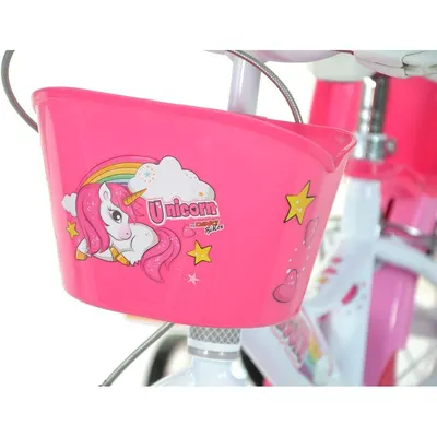 Bicicleta copii Dino Bikes Unicorn 14 inch ,varsta 4-7 ani, inaltimea 95-115 cm, frana de mana pe roata din fataspate, cosulet fata si scaun pentru papusa in spate, pinion spate fix, roti ajutatoare detasabile