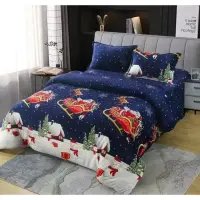 Lenjerie pat dublu, Super Pufoasa COCOLINO, cu ELASTIC, 4 piese, Albastru, Sania lui Mos Craciun