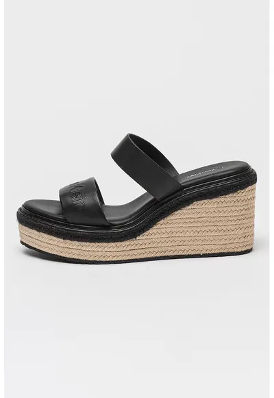 Papuci din piele cu talpa wedge si detaliu logo - Negru