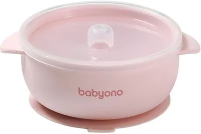Bol din silicon cu ventuză și capac Babyono - Roz