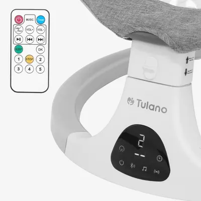 Leagan electric pentru copii Tulano Astrid Gri 35 cu Bluetooth,senzor de miscare si telecomanda,5 viteze de leganare,pliabil compact,capotina reglabila cu plasa insecte