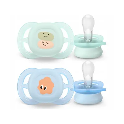 Set 2 suzete, Philips Avent, Colectia Ultra Start, Ortodontice, Fara BPA, Sustenabile, Conceputa pentru gurite micute, 0-2 luni, Cu model, Verde/Albastru
