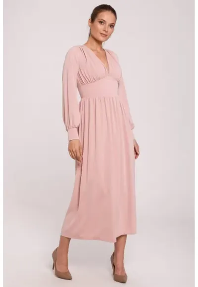 Rochie maxi cambrata in talie cu decolteu in V - - Roz pudrat