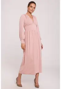 Rochie maxi cambrata in talie cu decolteu in V - - Roz pudrat