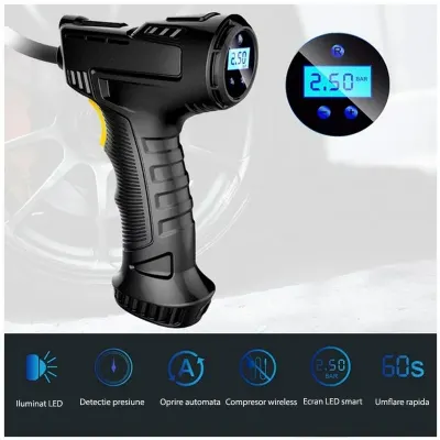 Compresor portabil auto, Wireless, ecran LCD, reincarcabil USB, 120W, LED frontal