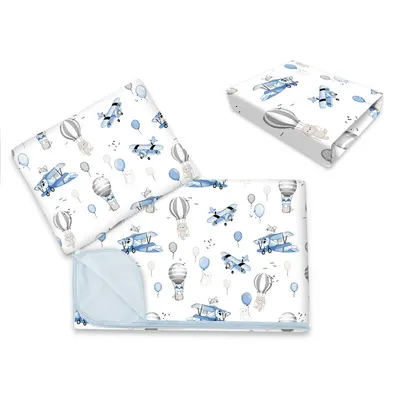 Lenjerie patut cu 3 piese, MimiNu, Cu cearceaf 120x60 cm, Din bumbac certificat Oeko Tex Standard 100, Cu paturica si pernuta, Blue Plane