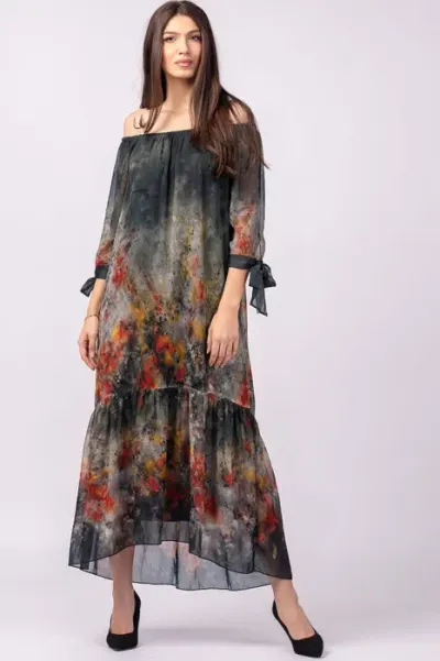 Rochie lunga din matase si vascoza, cu imprimeu pictural floral pe fond negru