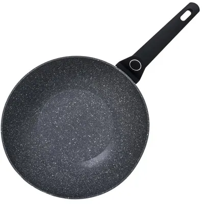 Tigaie Wok Aluminiu, Diametru 28 cm, Adancime 9 cm, Compatibil Inductie, Interior granit, Maner soft Touch