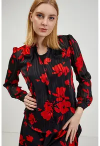 Bluza cu decolteu in V si imprimeu - Rosu/Negru