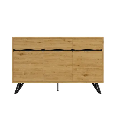 Comodă cu 3 uși, picioare metalice, mult spațiu de depozitare, 140x40x75,5 cm, Culoare naturală