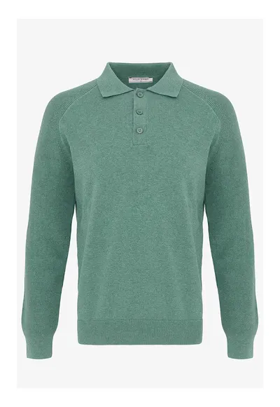 Pulover striat cu fenta cu nasturi - Verde sparanghel