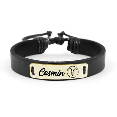 Liam - Bratara personalizata cu nume si zodie din piele si tablita din argint 925 placat cu aur galben 24 karate