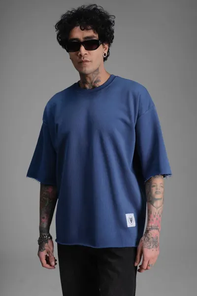 Tricou Barbati Oversized Indigo-Blue Raw Edge Streetwear (mărime: S)
