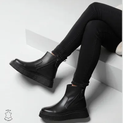 GHETE DAMA din PIELE Naturala cu talpa groasa cu dublu fermoar CRL1533NEGRU
