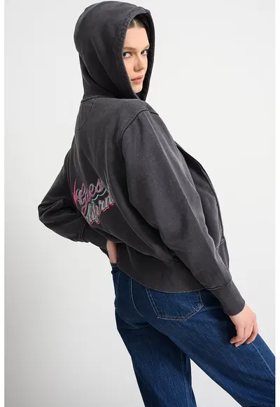 Hanorac cu fermoar si imprimeu logo pe partea din spate - Fucsia/Turcoaz/Gri inchis