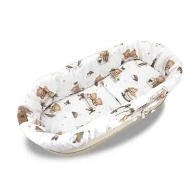 Set pentru landou/cosulet, MimiNu, Cu protectie, saltea si pernuta, Din bumbac certificat Oeko Tex Standard 100, Tedy bear dreams beige
