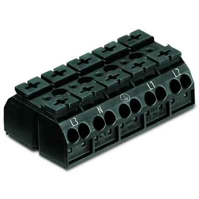 4-conductor chassis-mount terminal strip; 5-pole; L3-N-PE-L1-L2; with ground contact; 4 mm²; 4,00 mm²; black