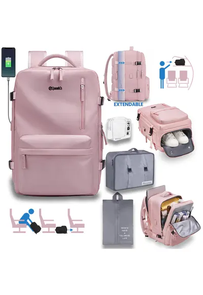Rucsac voiaj + husa haine + sac rufe + trusa calatorie - bagaj mana extensibil - Roz