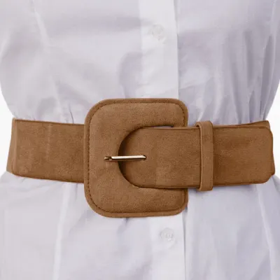 Curea elastica cu piele intoarsa ecologica camel si catarama dreptunghiulara cu colturi rotunjite